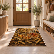 Barley and Whiskey Rug in an entryway with a wooden door and bench