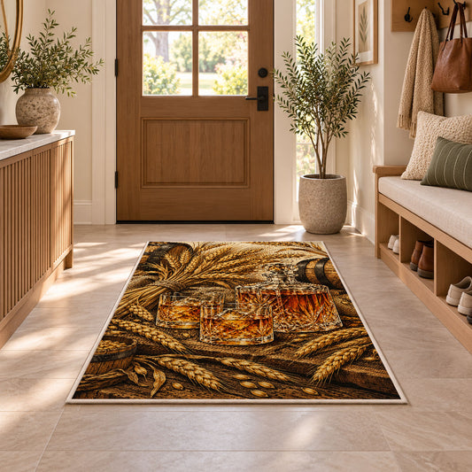 Barley and Whiskey Rug in an entryway with a wooden door and bench