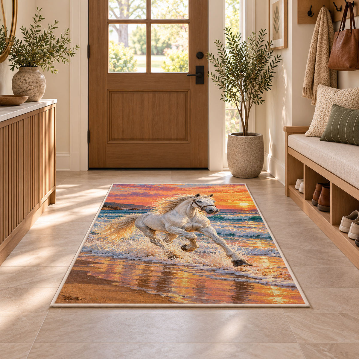 White Horse on Beach Rug in an entryway with a wooden door and bench