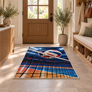 Volleyball Hitting Net Rug in an entryway with a wooden door and bench