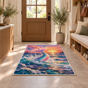 Mermaid Tail at Sunset Rug in an entryway with a wooden door and bench