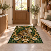 Vintage Leopard Oval Frame Rug in an entryway with a wooden door and bench