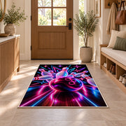 Neon Bowling Rug in an entryway with a wooden door and bench
