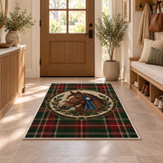 Tartan Horse Medallion Rug in an entryway with a wooden door and bench