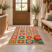 Granny Square Rug in an entryway with a wooden door and bench