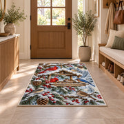 Winter Bird Feeder Rug in an entryway with a wooden door and bench