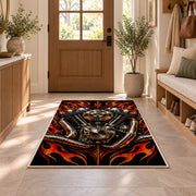 V-Twin Engine Flames Rug in an entryway with a wooden door and bench