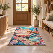 Pearl Shell and Mermaid Rug in an entryway with a wooden door and bench