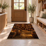 Stacked Barrels Cellar Rug in an entryway with a wooden door and bench