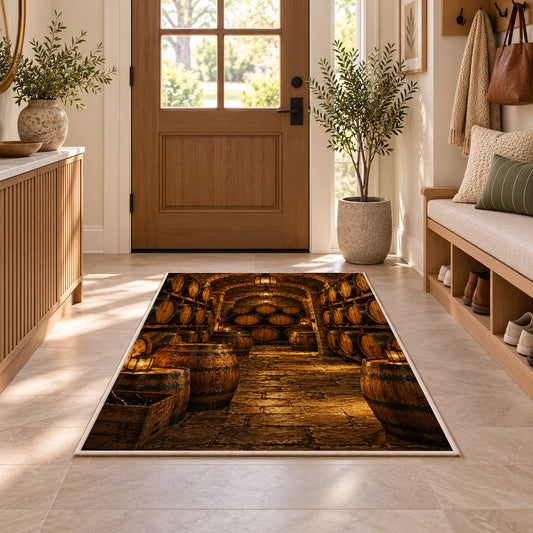 Stacked Barrels Cellar Rug in an entryway with a wooden door and bench
