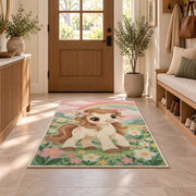 Cute Pony Nursery Rug in an entryway with a wooden door and bench