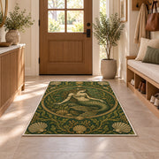 Vintage Engraved Mermaid Rug in an entryway with a wooden door and bench
