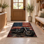 Motorcycle and American Flag Rug in an entryway with a wooden door and bench