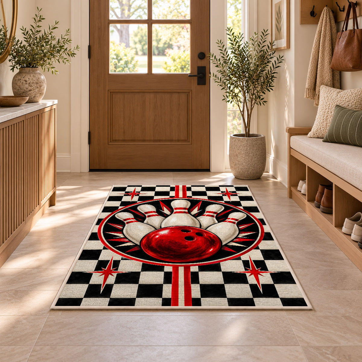 Checkered Bowling Rug in an entryway with a wooden door and bench
