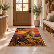 Leopard at Savanna Sunset Rug in an entryway with a wooden door and bench