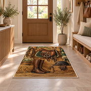 Saddle and Riding Boots Rug in an entryway with a wooden door and bench