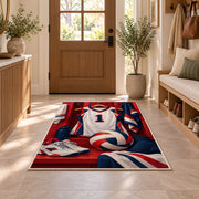 Volleyball Locker Jersey Rug in an entryway with a wooden door and bench