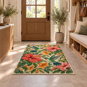 Hummingbirds and Hibiscus Rug in an entryway with a wooden door and bench