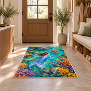 Coral Reef Mermaid Top View Rug in an entryway with a wooden door and bench