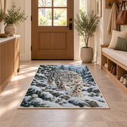 Snow Leopard in Pine Forest Rug in an entryway with a wooden door and bench