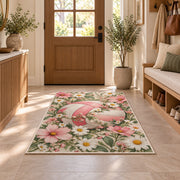 Volleyball and Wildflowers Rug in an entryway with a wooden door and bench