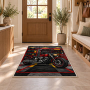 Motorcycle Garage Rug in an entryway with a wooden door and bench