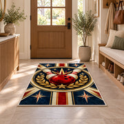 Classic Bowling Crest Rug in an entryway with a wooden door and bench