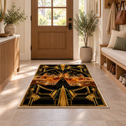 Art Deco Cheers Rug in an entryway with a wooden door and bench