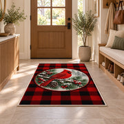Cardinal Buffalo Check Rug in an entryway with a wooden door and bench