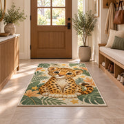 Cute Leopard Cub Nursery Rug in an entryway with a wooden door and bench