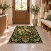 Vintage Engraved Horse Rug in an entryway with a wooden door and bench