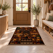 Home Bar Shelf Rug in an entryway with a wooden door and bench