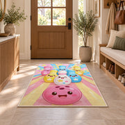 Cute Cartoon Bowling Pins Rug in an entryway with a wooden door and bench