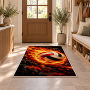 Flaming Volleyball Rug in an entryway with a wooden door and bench