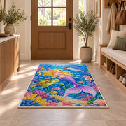 Mermaid and Ocean Friends Rug in an entryway with a wooden door and bench