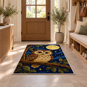 Owl and Full Moon Rug in an entryway with a wooden door and bench