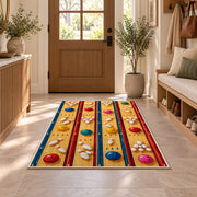 Bowling Alley Top View Rug in an entryway with a wooden door and bench