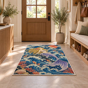 Japanese Wave Mermaid Rug in an entryway with a wooden door and bench