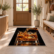 Pouring Whiskey Rug in an entryway with a wooden door and bench
