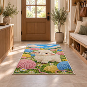 Sheep and Yarn Balls Rug in an entryway with a wooden door and bench