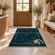 Volleyball Chalkboard Play Rug in an entryway with a wooden door and bench