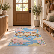 Cute Birds Nursery Rug in an entryway with a wooden door and bench
