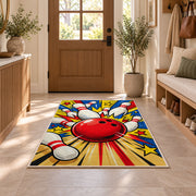 Pop Art Bowling Rug in an entryway with a wooden door and bench
