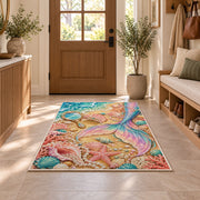 Mermaid Tail and Vanity Shells Rug in an entryway with a wooden door and bench
