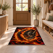 Flaming Motorcycle Wheel Rug in an entryway with a wooden door and bench