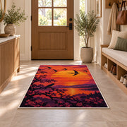 Birds at Sunset Rug in an entryway with a wooden door and bench