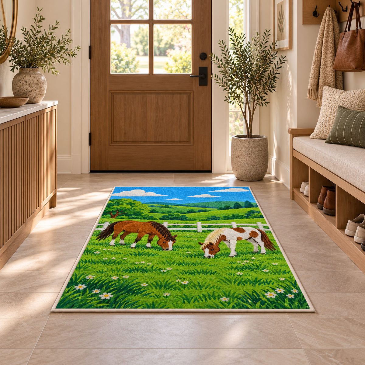 Horses Grazing by Fence Rug in an entryway with a wooden door and bench
