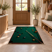 Billiards and Whiskey Rug in an entryway with a wooden door and bench