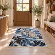 Leaping Snow Leopard Rug in an entryway with a wooden door and bench