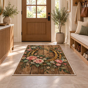 Horseshoe and Roses Rug in an entryway with a wooden door and bench